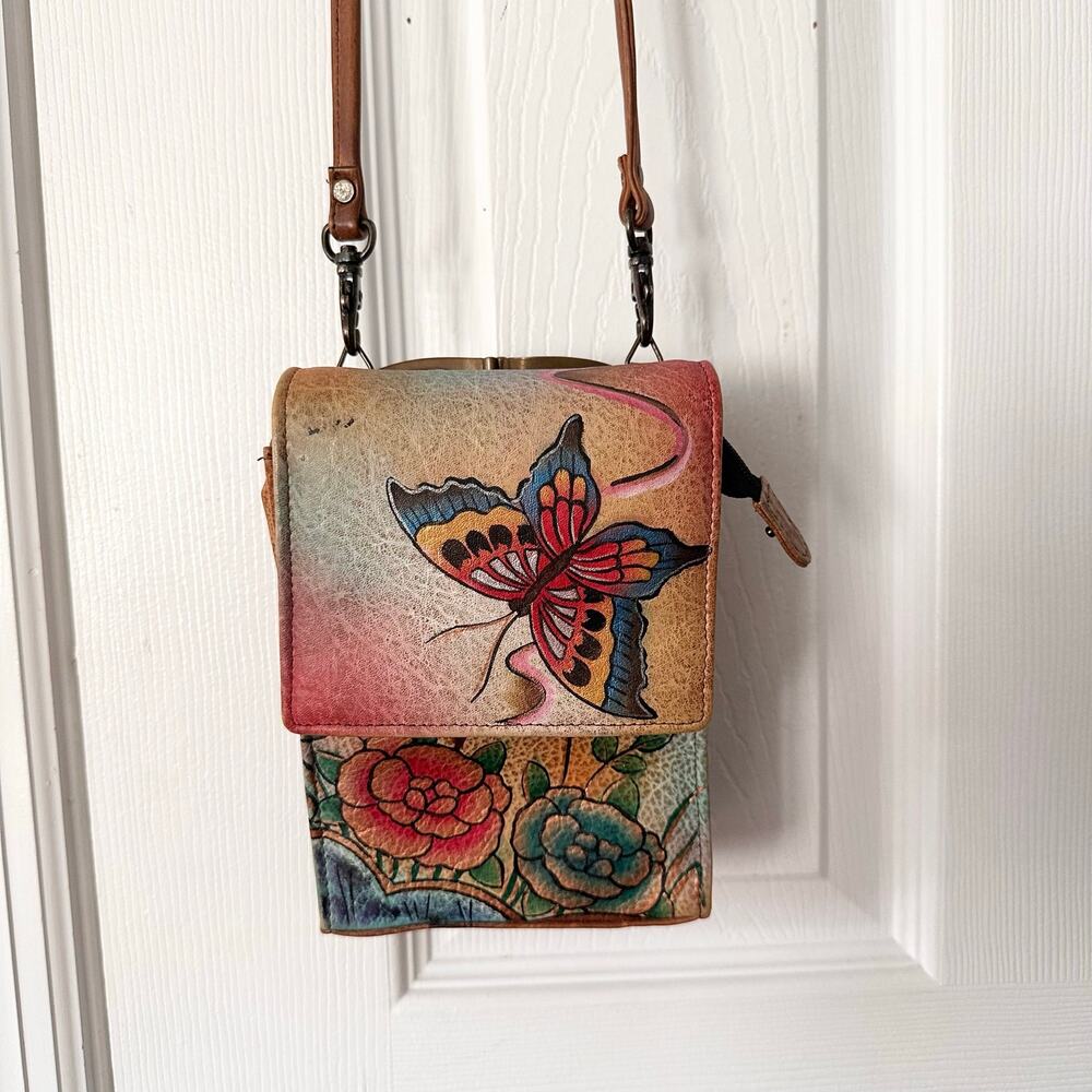 Anuschka Hand Painted Butterfly Rose Kisslock Flap Over Multi Pocket Wallet Bag - Picture 3 of 10
